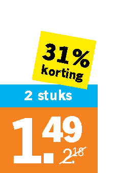 31% korting aanbieding, 2 stuks voor €1,49, oude prijs €2,18