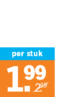 Aanbiedingssticker met de tekst "per stuk" en een actieprijs van €1,99, verlaagd van €2,69.