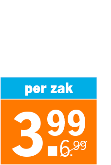 Aanbiedingssticker met de tekst "per zak", prijs verlaagd van 6,99 naar 3,99 euro.