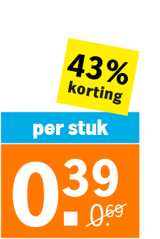 Prijskaart met aanbieding: 43% korting, per stuk voor €0,39 (was €0,69).