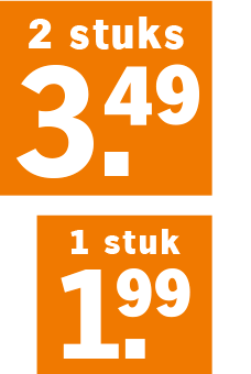Aanbiedingsbord met prijzen: 2 stuks voor 3,49 euro of 1 stuk voor 1,99 euro.