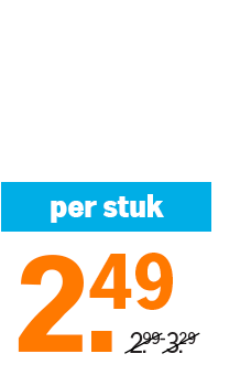 Prijssticker met de tekst "per stuk 2.49", met een doorgestreepte oude prijs van 2.99-3.29.