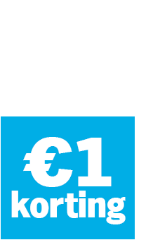 Blauwe kortingssticker met daarop de tekst "€1 korting"