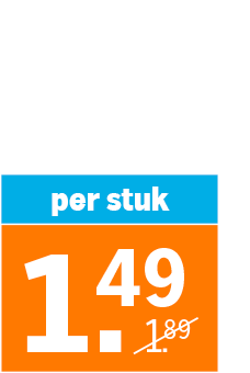 Aanbiedingslabel met de tekst "per stuk", een nieuwe prijs van 1,49 euro, en een doorgestreepte oude prijs van 1,89 euro.