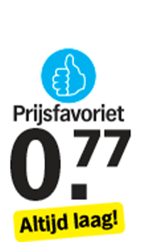 Prijsfavoriet aanbieding bij Albert Heijn van 0,77 euro met duim omhoog icoon en de tekst "Altijd laag!"