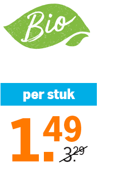 Promotie voor een biologisch product, per stuk voor €1,49 in plaats van €3,29.