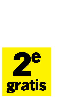 Tweedekans gratis actie in het geel, met grote zwarte tekst "2e gratis".
