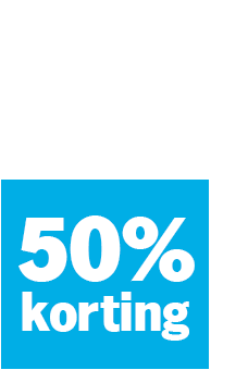 Alt tekst: 50% korting promotie in blauwe stijl