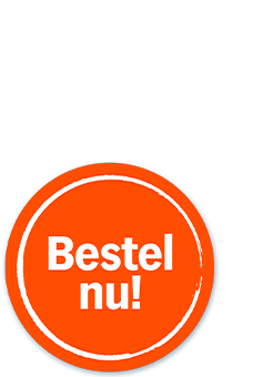Oranje ronde knop met witte tekst "Bestel nu!" op een blauwe achtergrond