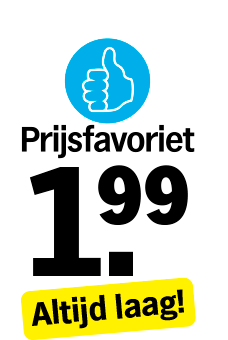 Prijsfavoriet aanbieding bij Albert Heijn, €1,99 met blauwe duim omhoog icoon en gele tekst "Altijd laag!"