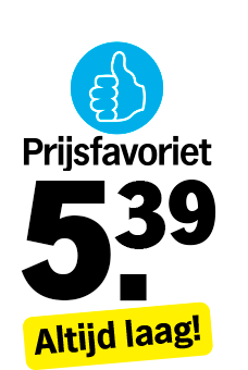 Prijsfavoriet label met een blauwe duim omhoog, prijs van €5,39 en de tekst "Altijd laag!" in een gele balk