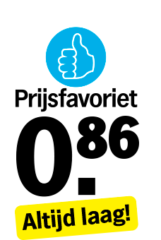 Prijsfavoriet van Albert Heijn met een grote prijs van 0,86 euro en de tekst "Altijd laag!" in geel.