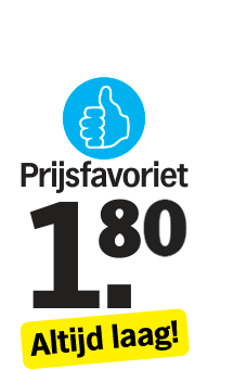 Prijsfavoriet label met een duimpje, prijs €1,80 en de tekst "Altijd laag!"