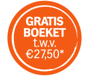 Oranje ronde sticker met de tekst "GRATIS BOEKET t.w.v. €27,50*"