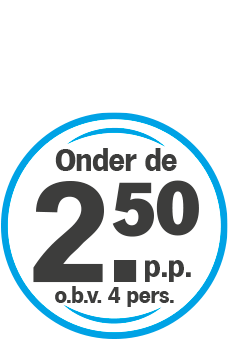 Rond label met de tekst 'Onder de 2.50 p.p. o.b.v. 4 pers.'
