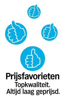 Prijsfavorieten logo met blauwe duimen en de tekst: Topkwaliteit. Altijd laag geprijsd.