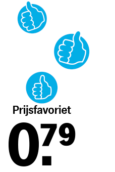 Prijsfavoriet sticker van Albert Heijn met blauwe duimpjes en een prijs van 0,79 euro