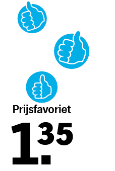 Prijsfavoriet label met blauwe duimpjes en prijs van 1,35 euro