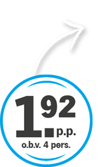 Prijsindicator van 1,92 euro per persoon op basis van 4 personen, met een zwarte pijl erboven.