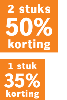 Aanbieding: 2 stuks met 50% korting of 1 stuk met 35% korting, oranje achtergrond