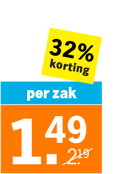 Prijskaart met 32% korting, nieuwe prijs €1,49 per zak, oude prijs €2,19 doorgestreept.