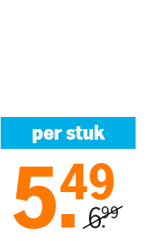 Prijskaart met de tekst “per stuk” en een kortingsprijs van €5,49, waarbij de oude prijs van €6,99 is doorgestreept.