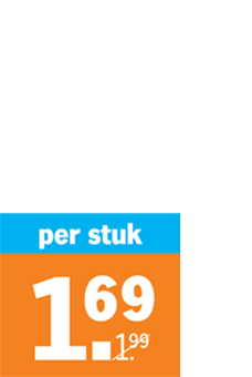 Prijslabel met de tekst "per stuk 1,69", eerdere prijs 1,99, op een oranje en blauwe achtergrond.