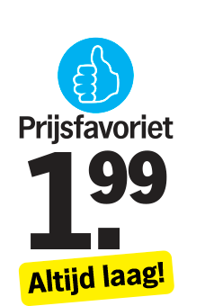 Prijsfavoriet label van Albert Heijn met een duim omhoog pictogram, prijs 1,99 euro en de tekst "Altijd laag!"