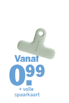 Plastic Brabantia bag clip met promotietekst "Vanaf 0,99 + volle spaarkaart" in blauwe letters.