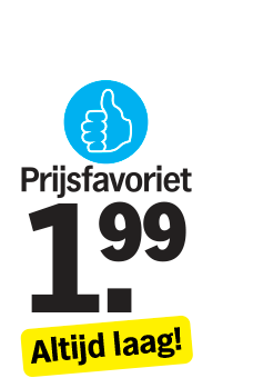 Prijsaanduiding van Albert Heijn met het label 'Prijsfavoriet', een duim omhoog icoon, de prijs €1,99 en de tekst 'Altijd laag!' op een gele achtergrond.