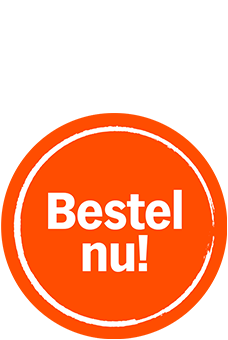 Oranje knop met witte tekst "Bestel nu!" in een witte cirkel.