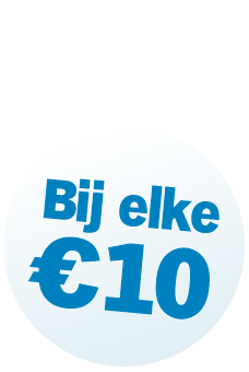Tekst in blauw: "Bij elke €10" op een witte achtergrond.