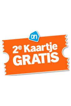 Sticker met de tekst "2e Kaartje Gratis" van Albert Heijn op een oranje achtergrond, aanduiding van een kortingsactie