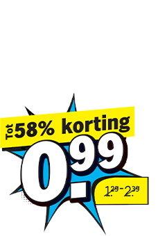 Aanbiedingssticker met tekst "tot 58% korting", nieuwe prijs €0,99 en oude prijzen van €1,29 tot €2,39.