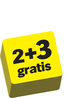 2+3 gratis actie label op een gele achtergrond