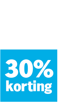 Blauw label met witte tekst '30% korting'