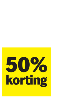 Sticker met tekst '50% korting' op een gele achtergrond