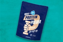 Een zak proteïne poeder met ijskoffie smaak