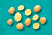 Krieltjes, zowel hele als gehalveerde, op een turquoise achtergrond