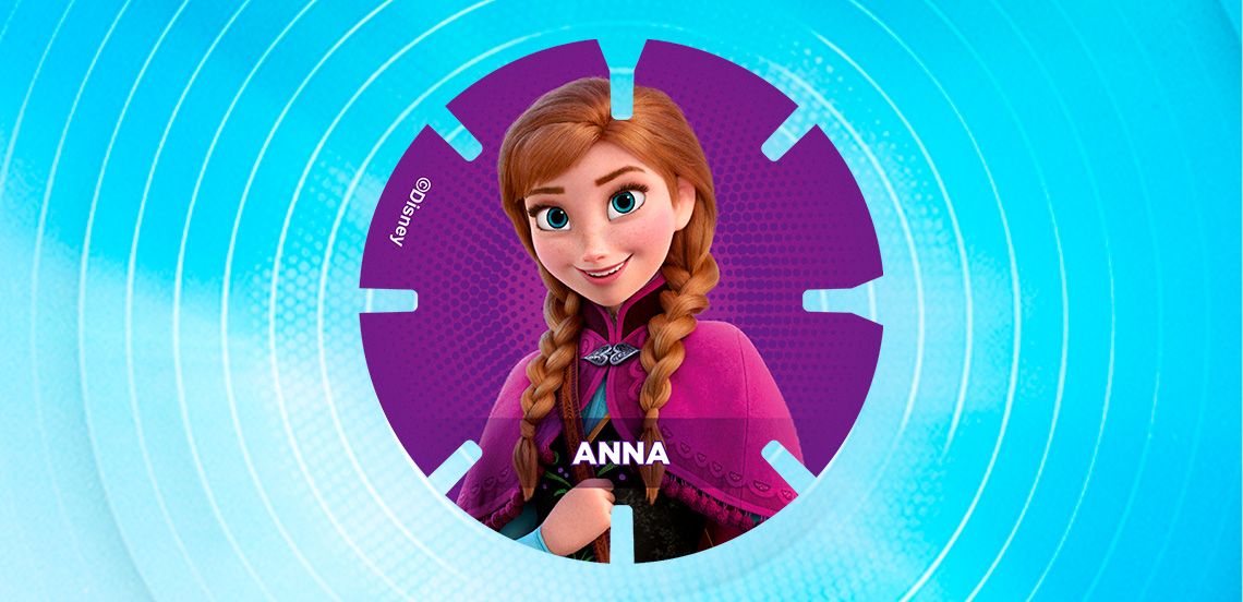 Anna van Disney’s Frozen op een ronde, paarse verzamelmunt tegen een blauwe achtergrond.