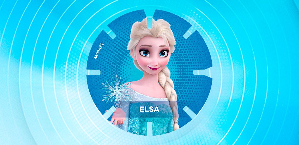 Afbeelding van Elsa, het personage uit Disney’s Frozen, op een ronde blauwe achtergrond met haar naam in witte letters.