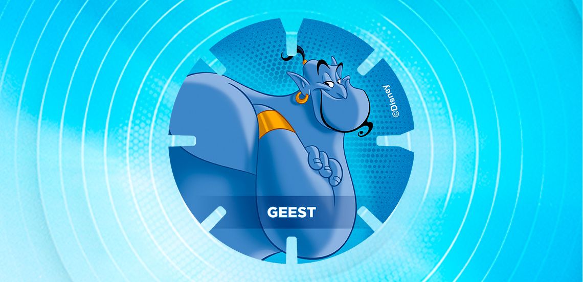 Afbeelding van de Disney-geest uit Aladdin, met blauwe achtergrond en de tekst "GEEST" in het midden.
