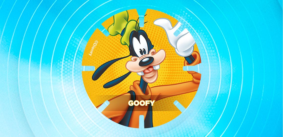Afbeelding van Disney-personage Goofy op een ronde, gele achtergrond met blauwe cirkelvormige patronen op de voorgrond.