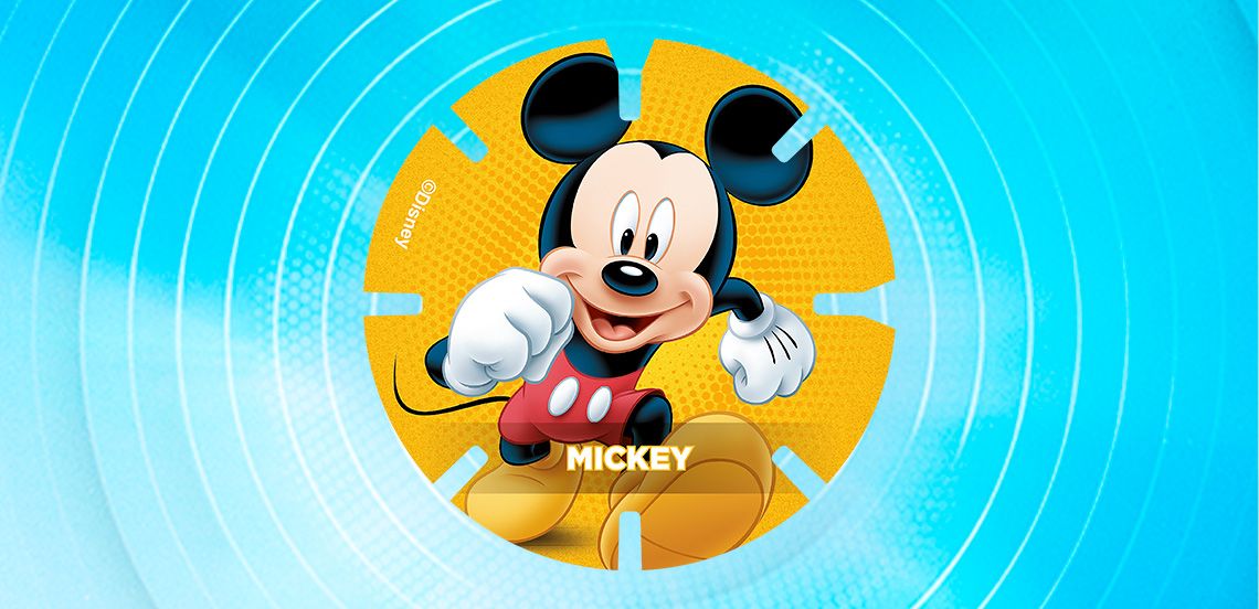 Afbeelding van Mickey Mouse met gele achtergrond en blauwe cirkels eromheen, Disney personage.