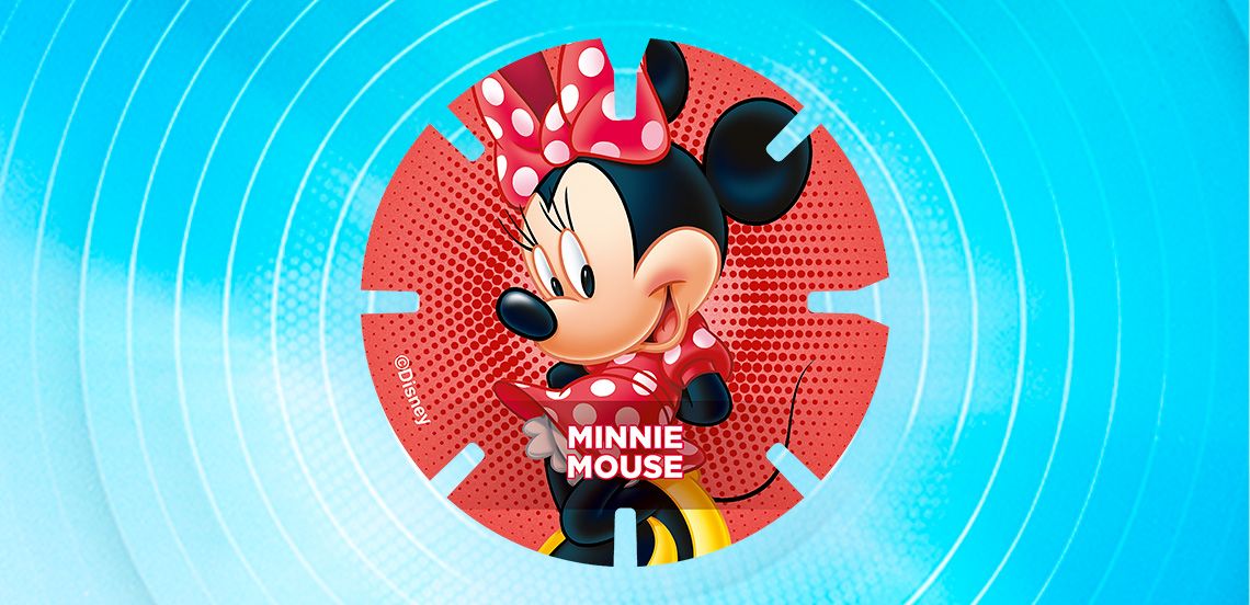 Minnie Mouse schijfje van Disney met rode stippenachtergrond en een afbeelding van Minnie Mouse met rode strik.