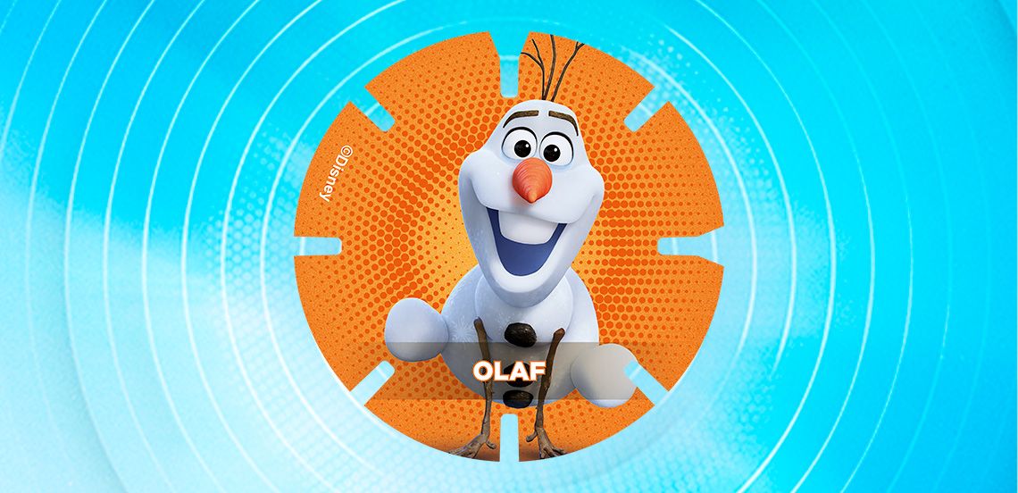 Afbeelding van Olaf, het sneeuwpop-personage uit Disney's Frozen, op een ronde, oranje achtergrond met zijn naam in witte letters.