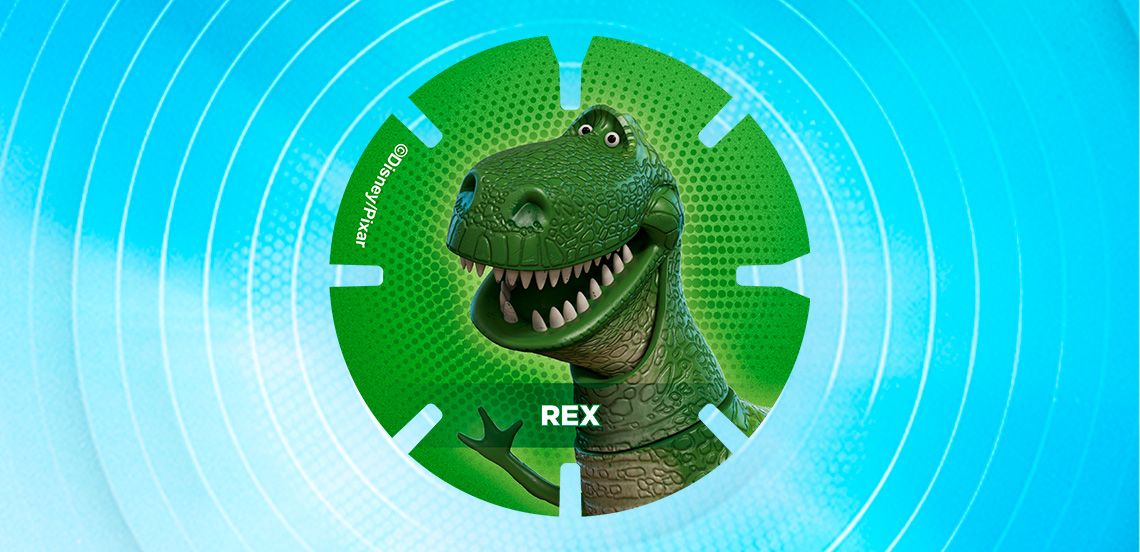 Afbeelding van Rex, het groene speelgoeddinosaurus-personage uit Disney/Pixar’s Toy Story, op een groen cirkelvormig kaartje met blauwe achtergrond.