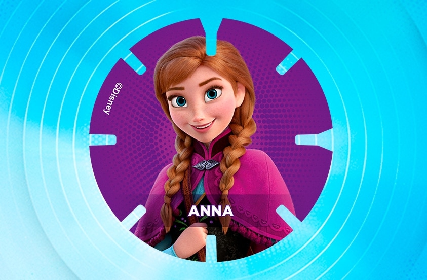 Afbeelding van Anna, een personage uit Disney's Frozen, op een ronde, paarse schijf met haar naam erop.