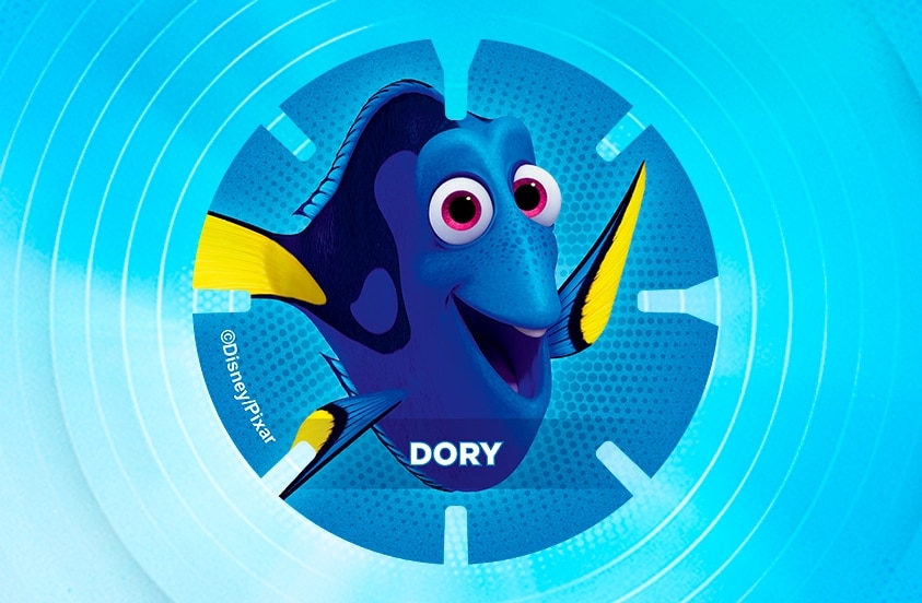 Afbeelding van Dory, het blauwe tekenfilmvisje uit de Disney/Pixar-film Finding Nemo, op een blauwe achtergrond met cirkelvormig patroon.