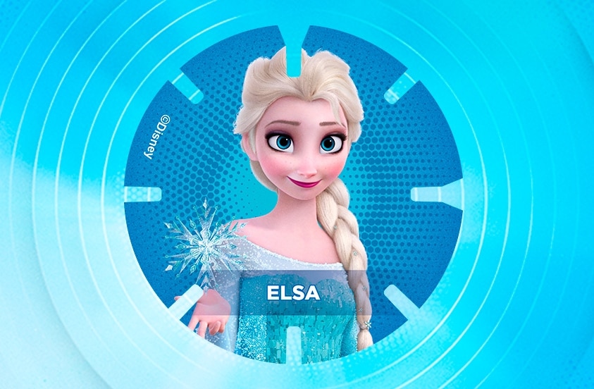 Afbeelding van Elsa, het personage uit Disney's Frozen, op een blauwe achtergrond met haar naam in witte letters.